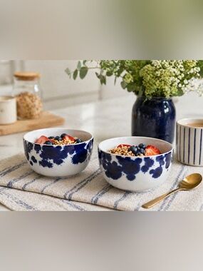 Paola Navone Blue White Splash Ceramic Bowls Set of 2 Made in Portugal Modern